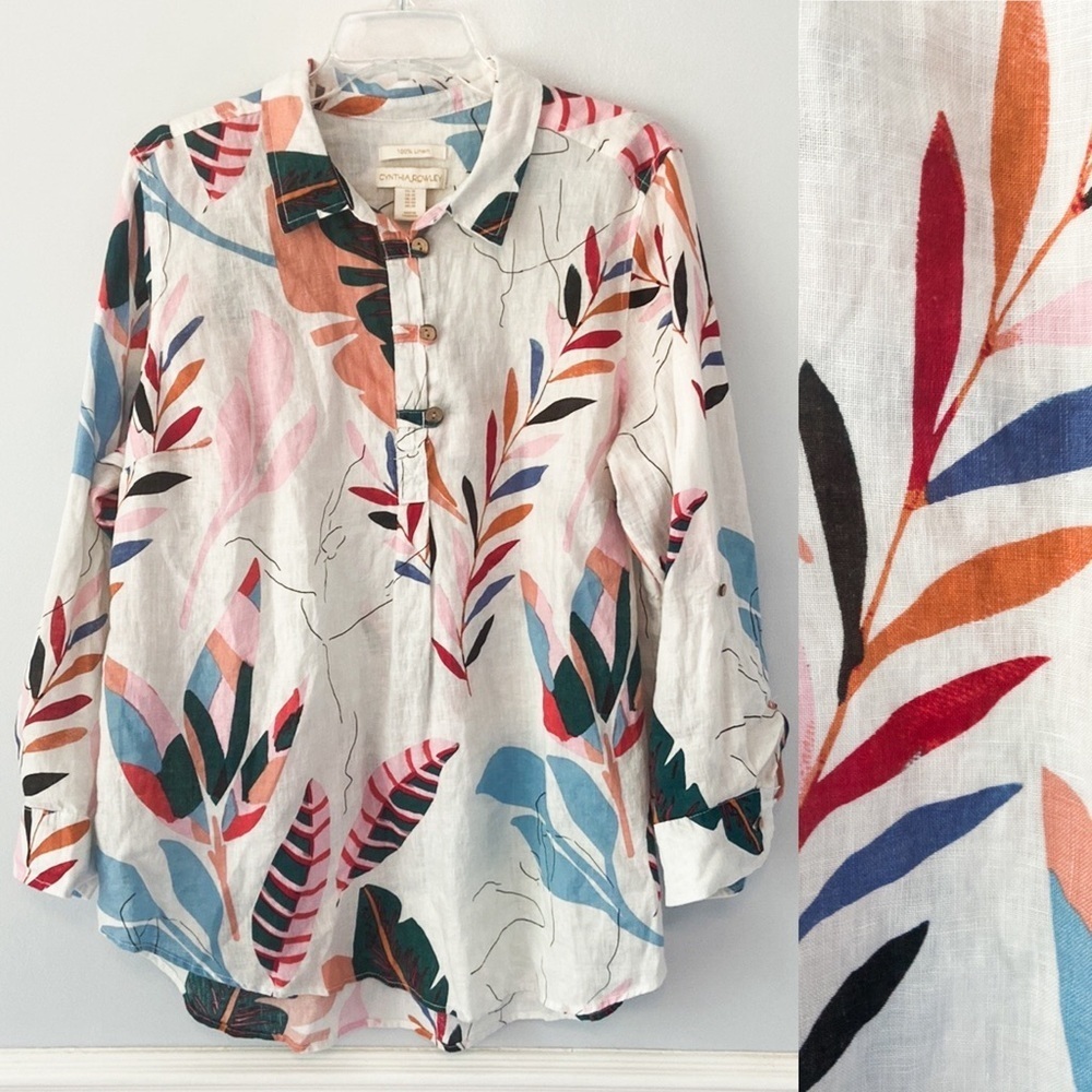Cynthia Rowley Plus Linen Tropical Floral Print Button Front Tunic Top Size 1X